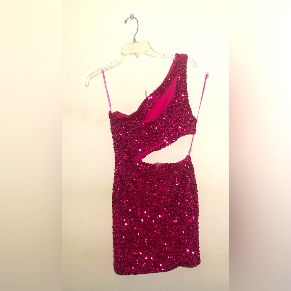 Sequins sequin Fashion Nova Ibiza dress pink cut out cutouts one shoulder large